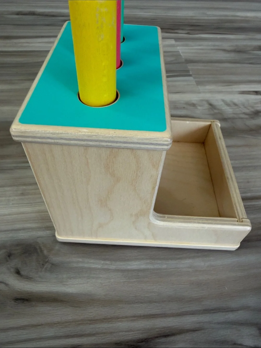 Lovevery Wooden Peg Drop Toy - Yellow, Red & Green Pegs